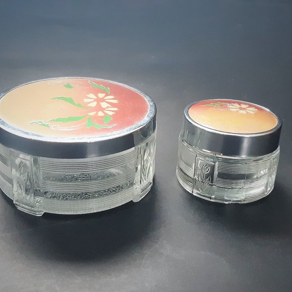 Antique VTG ART DECO Clear GLASS Vanity Powder Box Trinket Metal Lid Set of 2 - Picture 1 of 12